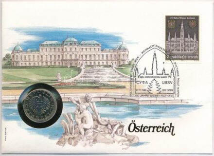 Ausztria 1983. 10Sch Cu-Ni felbélyegzett borítékban, bélyegzéssel, német nyelvű leírással T:1- patina Austria 1983. 10 Schilling Cu-Ni in envelope with stamp, cancellation and a prospectus in german C:AU patina