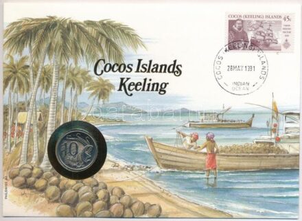 Cook-szigetek / Keeling 1990. 10c Cu-Ni felbélyegzett borítékban, bélyegzéssel, német nyelvű leírással T:1 Cook Islands / Keeling 1990. 10 Cents Cu-Ni in envelope with stamp, cancellation and a prospectus in german C:UNC