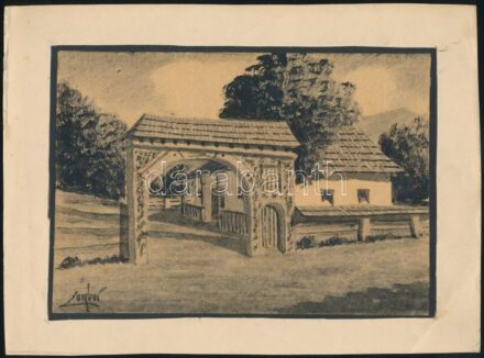 Zombor jelzéssel: Székelykapu, vegyes technika, papír, kartonra ragasztva, 13,5×19,5 cm