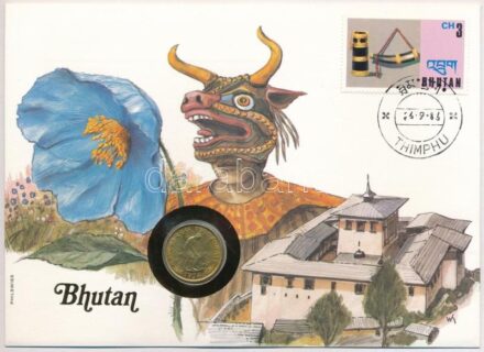 Bhután 1974. 20ch Cu-Al-Ni 'Étel mindenkinek' forgalmi emlékérme felbélyegzett borítékban, bélyegzéssel, német nyelvű leírással T:1- patina, kis karc Bhutan 1974. 20 Chetrums Cu-Al-Ni 'Food for All' circulating commemorative coin in