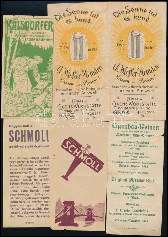 Vegyes számolócédula tétel, 9 db, közte Schmoll pasta 2 db, Törley 2 db, Mohai Ágnes savanyúvíz...stb. Különféle méretben, változó állapotban.