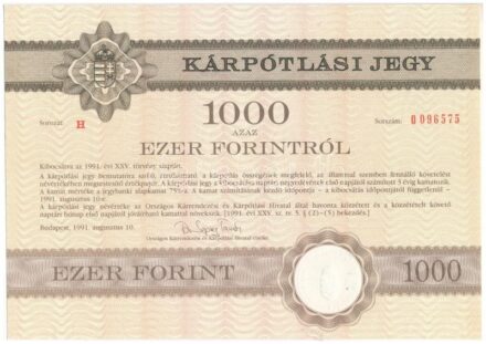 Budapest 1991. 'Országos Kárrendezési és Kárpótlási Hivatal' kárpótlási jegye 1000Ft-ról, 'H' sorozat, szárazpecséttel T:I-