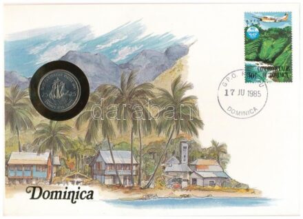 Kelet-Karibi Államok / Dominika 1981. 25c Cu-Ni felbélyegzett borítékban, bélyegzéssel, német nyelvű leírással T:1- patina, kis karc Eastern Caribbean States / Dominica 1981. 25 Cents Cu-Ni in envelope with stamp, cancellation and a