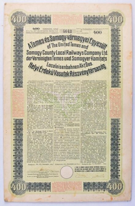 Budapest 1913. 'A Temes- és Somogy-vármegyei Egyesült Helyi Érdekű Vasutak Részvénytársaság' részvénye 400K-ról, angol, magyar és német nyelven, szárazpecséttel kartonra kasírozva T:II-