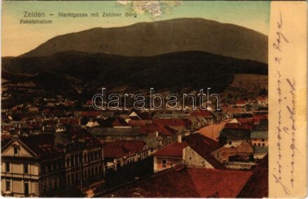 1917 Feketehalom, Zeiden, Codlea; Marktgasse mit Zeidner Berg / Piac utca / street view, mountain (felületi sérülés / surface damage)