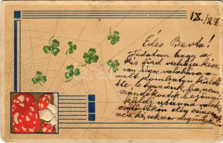 1909 Greeting art postcard with mushroom, clovers and spider web. 'ERIKA' Nr. 3459. Art Nouveau, Emb. litho (apró lyuk / tiny pinhole)