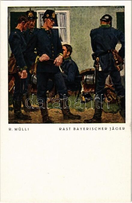 Rast Bayerischer Jäger. Opfertag-Postkarte / WWI German military art postcard s: R. Mülli