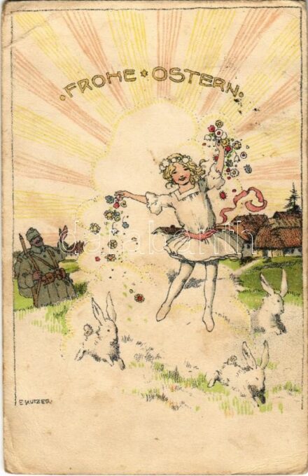 1917 Frohe Ostern / WWI Austro-Hungarian K.u.K. military art postcard with Easter greeting s: E. Kutzer + 'M. kir. 37. honv. gy. ho. kiképző csoport parancsnokság' (EB)