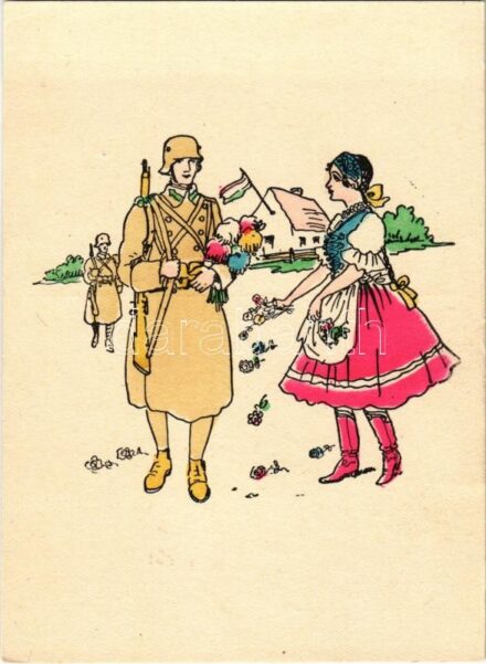 Bevonulás. Kiadja a Délvidéki Egyetemi és Főiskolai Hallgatók Egyesülete / WWII Hungarian military art postcard, entry of the Hungarian troops, irredenta propaganda