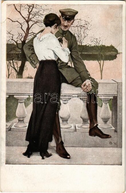 Auf Urlaub. Kriegspostkarten von B. Wennerberg Nr. 4. / WWI German military art postcard, officer with lady s: B.W. (EB)