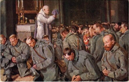 Die Messe. Offizielle Karte für Rotes Kreuz, Kriegsfürsorgeamt, Kriegshilfsbüro Nr. 566. / WWI Austro-Hungarian K.u.K. military art postcard, field mass with priest s: K. Hayd (EK)