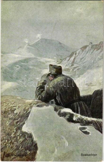 Beobachter. Offizielle Karte für Rotes Kreuz, Kriegsfürsorgeamt Kriegshilfsbüro Nr. 564. / WWI Austro-Hungarian K.u.K. military art postcard, mountain infantry, observer s: K. M. Schuster (EK)