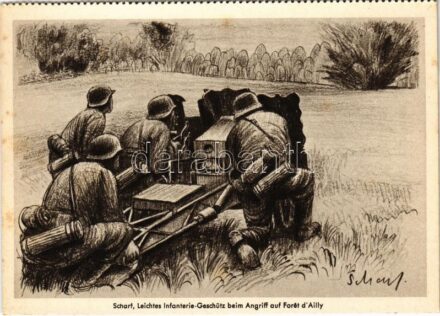 Leichtes Infanterie-Geschütz beim Angriff auf Foret d'Ailly. Soldatenkalender 1941 / WWII German military art postcard. Zentral-Verlag der NSDAP (German Nazi Party) s: Scharf