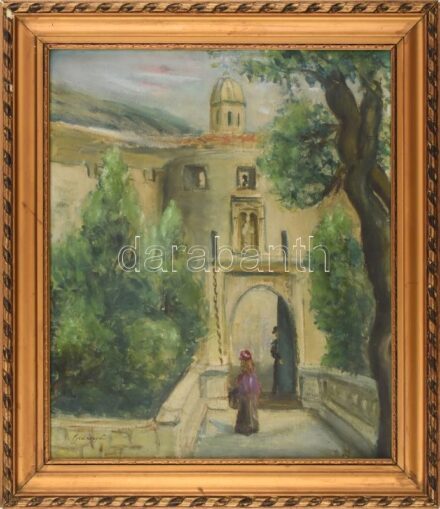 Gulácsy jelzéssel: Séta. Olaj, vászon. Dekoratív, sérült fakeretben. 45x38 cm