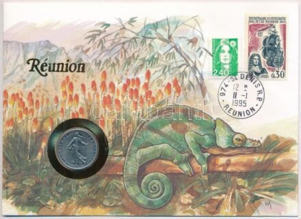 Franciaország / Réunion 1976. 1Fr Ni felbélyegzett borítékban, bélyegzéssel, német nyelvű leírással T:1- patina France / Réunion 1976. 1 Franc Ni in envelope with stamp, cancellation and a prospectus in german C:AU patina