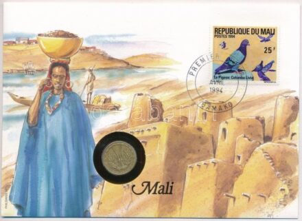 Mali felbélyegzett borítékban, bélyegzéssel, német nyelvű leírással, benne Nyugat Afrikai Államok 1994. 5Fr Al-Ni-Br T:1- patina, kis karc Mali in envelope with stamp, cancellation and a prospectus in german, in it West African States