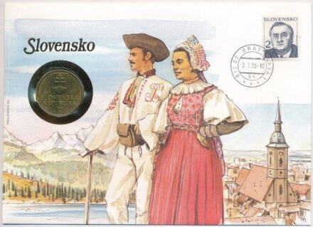 Szlovákia 1993. 10K Cu-Al-Ni felbélyegzett borítékban, bélyegzéssel, német nyelvű leírással T:1 patina Slovakia 1993. 10 Korun Cu-Al-Ni in envelope with stamp, cancellation and a prospectus in german C:UNC patina