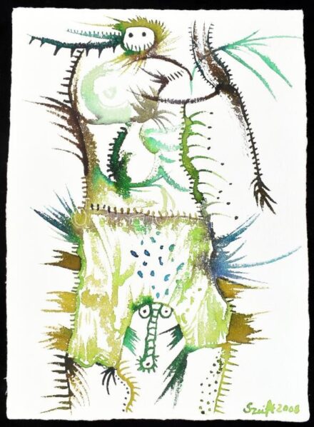 Szeift Béla (1944-2012): Hangyák a gatyában. 2008. Akvarell, merített papír, jelzett, hátoldalán autográf felirattal, 42x30,5 cm