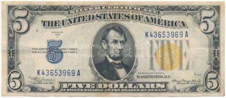 Amerikai Egyesült Államok 1934A 5$ 'K43653969A' 'Silver Certificate - kisméretű sárga pecsét, Észak-Afrikai katonai kiadás' 'William Alexander Julian - Henry Morgenthau Jr.' T:III folt USA 1934A 5 Dollars 'K43653969A' 'Silver Certificate -