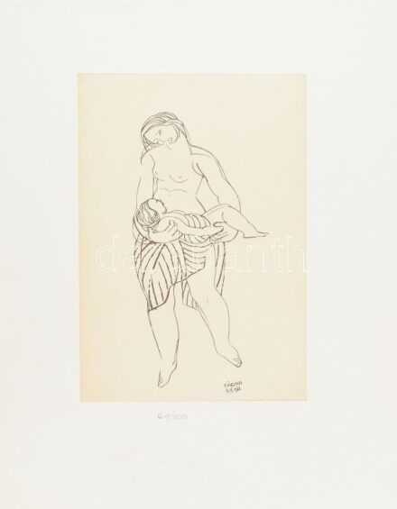 Kádár Béla (1877-1956): Anya gyermekével. Rézkarc, papír, jelzett a karcon, számozott (64/100), 26x16,5 cm. Aláírt hagyatéki bélyegzővel.