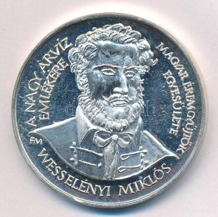 Fritz Mihály (1947-) 1988. 'MÉE - A nagy árvíz emlékére - Wesselényi Miklós / Pesti árvíz 1838' jelzett Ag emlékérem (36,40g/0.835/42,5mm) T:1- (PP) ujjlenyomat, patina Adamo BP26