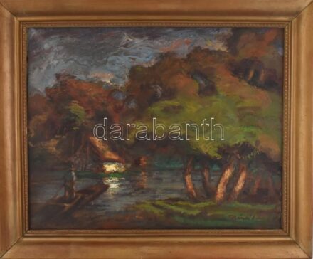 Tokácsli Lajos (1915-2000): Vízparti táj. Olaj, vászon. Jelzett. Dekoratív fakeretben. 55x67,5 cm