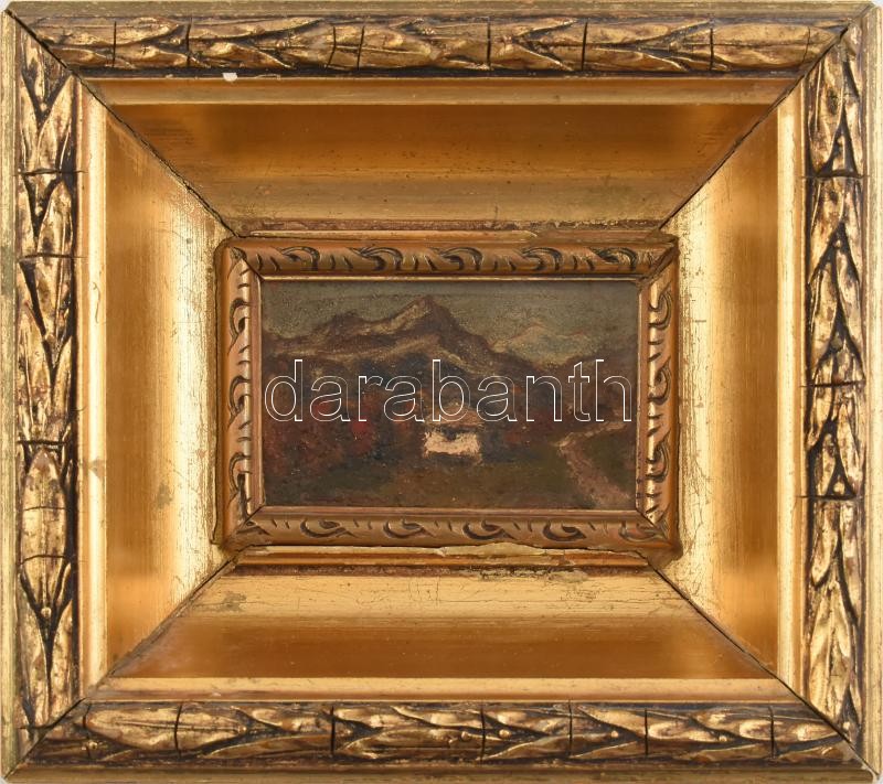 Szabó Gábor (?-?): 'Kis Ararát' hegy. Olaj, fa, hátoldalán címkén jelzett. Dekoratív, kissé sérült fakeretben. 6x10 cm