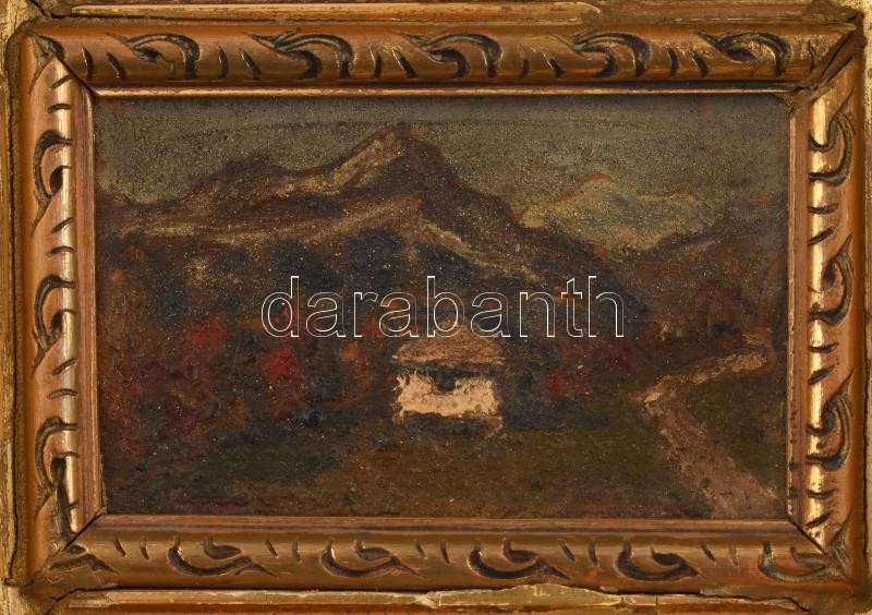 Szabó Gábor (?-?): 'Kis Ararát' hegy. Olaj, fa, hátoldalán címkén jelzett. Dekoratív, kissé sérült fakeretben. 6x10 cm - Image 2