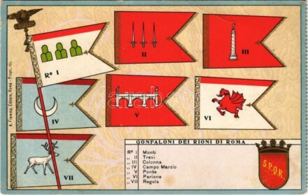 Gonfaloni dei Rioni di Roma / Banners of the districts of Rome, coat of arms. A. Fiamma Editore. litho (EB)