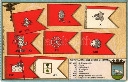 Gonfaloni dei Rioni di Roma / Banners of the districts of Rome, coat of arms. A. Fiamma Editore. litho (EK)