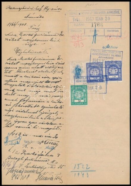 1943 Hódmezővásárhely, árvaszéki jegyzőkönyv, 3 db, illetékbélyeggel