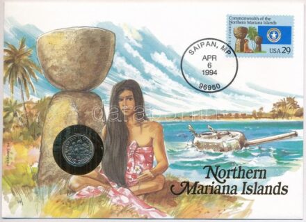 Amerikai Egyesült Államok / Észak Mariana-szigetek 1994P 1D Cu felbélyegzett borítékban, bélyegzéssel, német nyelvű leírással T:1 USA / Northern Mariana Islands 1994P 1 Dime Cu in envelope with stamp, cancellation and a prospectus in