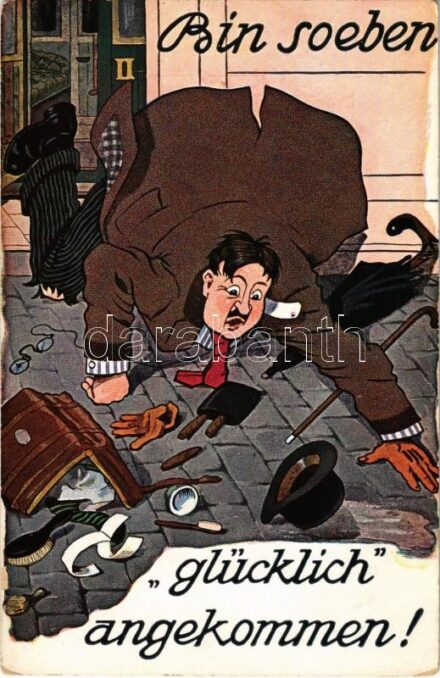 Bin soeben 'glücklich' angekommen! / humour art postcard, arrival at the railway station (EK)