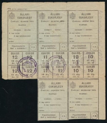 cca 1945 Állami cukorjegy hódmezővásárhelyi pecséttel