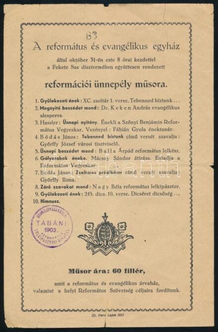 1903 Hódmezővásárhely, reformációi ünnepély műsora
