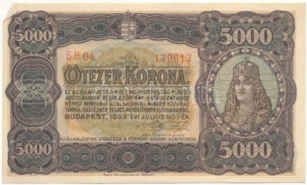 1923. 5000K '5B04 179613' 'Magyar Pénzjegynyomda Rt. Budapest' nyomdahely jelöléssel T:I- Adamo K39