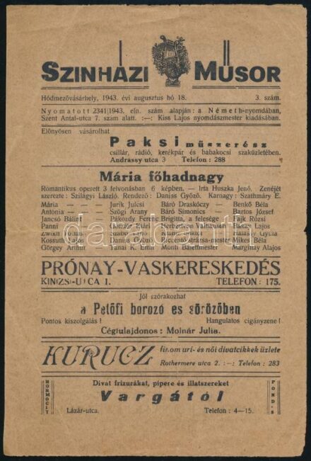 1943 Hódmezővásárhely, Színházi Műsor 3. szám