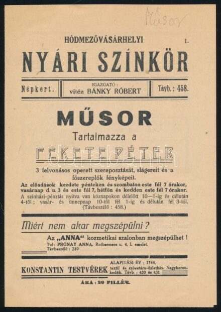 cca 1930-1940 Hódmezővásárhelyi Nyári Színkör műsora