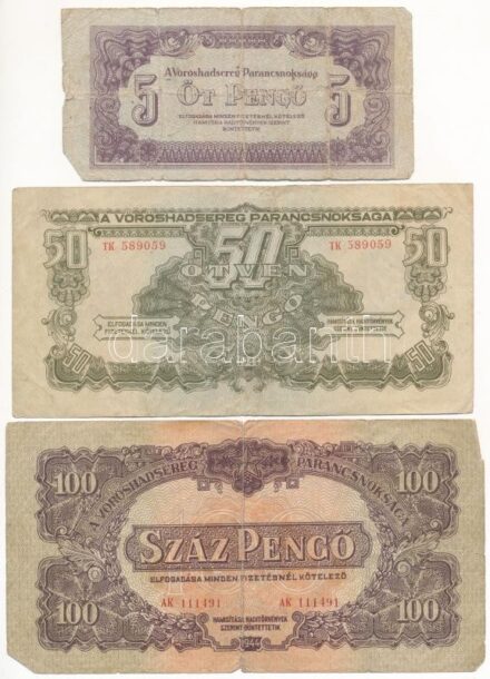 1944. 5P + 50P + 100P 'A Vöröshadsereg Parancsnoksága' T:III,III- szakadás, anyaghiány
