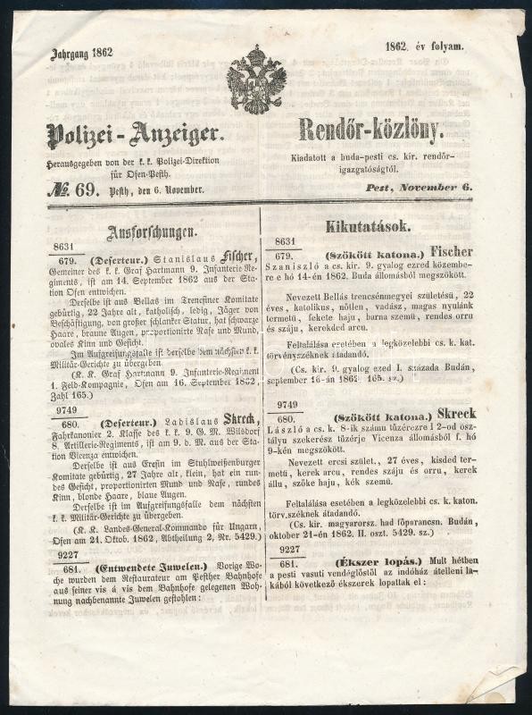 1862 Rendőr-közlöny No. 69