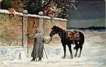 Verirrt in Feindesland / WWI German military art postcard, soldier with horse. Moderne Meister A.R. & C.i.B. No. 96. s: Willi Scheuermann (EK)