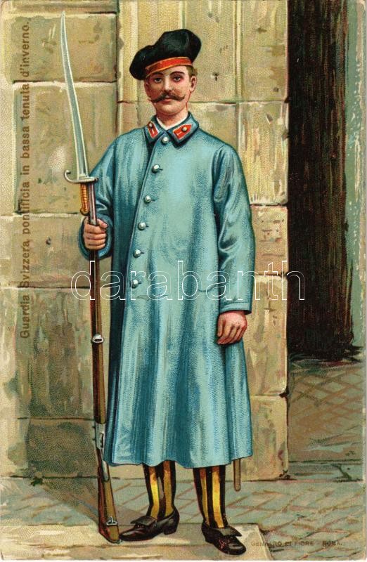 Guardia Svizzera pontifica in bassa tenuta d'inverno / Pontifical Swiss Guard (bodyguards of the pope in Vatican City). litho