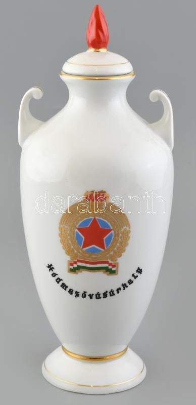 Alföldi porcelán amfora / serleg, dugóval, 'Tűzoltóparancsnokság - Hódmezővásárhely' felirattal, vörös csillagos címerrel. Matricás, jelzett, minimális kopással, a dugón kis lepattanással, m: 22,5 cm