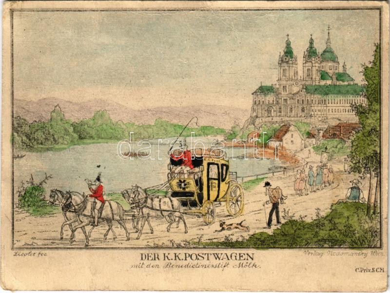 Melk, Der K.K. Postwagen mit den Benedictinenstift / monastery, post coach s: Ziedler (b)
