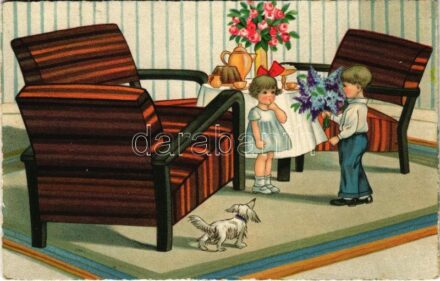 1935 Children art postcard, romantic couple. 'MIKU' Nr. 3056.