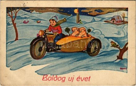 1942 Boldog Újévet! / New Year greeting art postcard, pigs in the motorcycle's sidecar (EK)