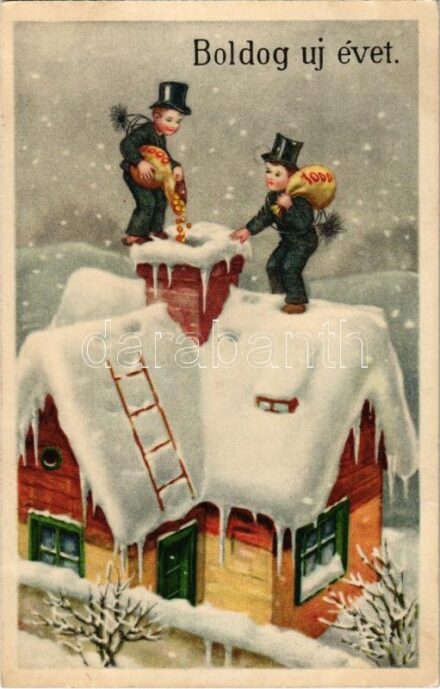 Boldog Újévet! / New Year greeting art postcard, chimney sweepers. 'ERIKA' Nr. 6322.