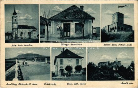 1942 Tüskevár, Római katolikus templom, Somlói Szent István kilátó, Somlóhegy Tüskevárról nézve, Római katolikus iskola, Somló vára, Hangya szövetkezet üzlete és saját kiadása. Mesterházy felvételei (EK)