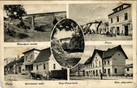 1942 Volóc, Volovec, Volovets; Kisszolyvai viadukt, vasúti híd, Fő utca, üzletek, Szövetkezeti szálló, Zúgó patakrészlet, MÁV pályaudvar, vasútállomás / railway bridge, viaduct, main street, shops, hotel, creek, railway station