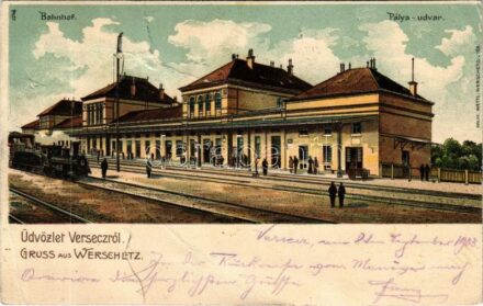 1903 Versec, Werschetz, Vrsac; vasútállomás, gőzmozdony, vonat / Bahnhof / railway station, locomotive, train. Wilih. Wettl. litho (b)